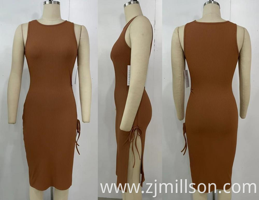 Women Knitting Brown Sleeveless side slit Dress